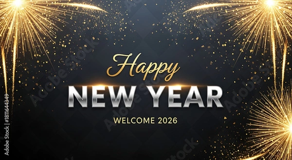 Fototapeta Happy new year 2026 welcome banner with golden fireworks display