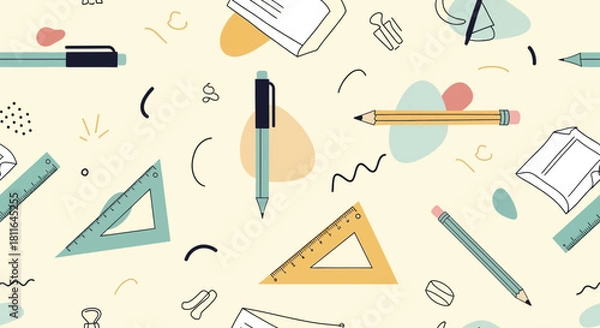 Obraz Seamless pattern featuring school supplies and doodles ideal for educational themes and backgrounds