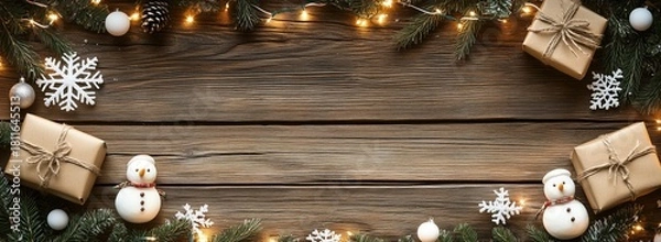 Obraz Christmas Decorations on Rustic Wooden Background with Snowflakes, Gift Boxes, and Snowmen