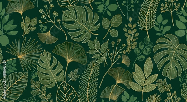 Obraz Seamless pattern with tropical leaves and branches on a dark green background wallpaper design