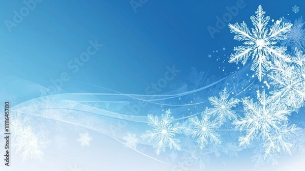 Fototapeta Winter Snowflakes Background with Soft Blue Gradient and Whimsical Wave Lines