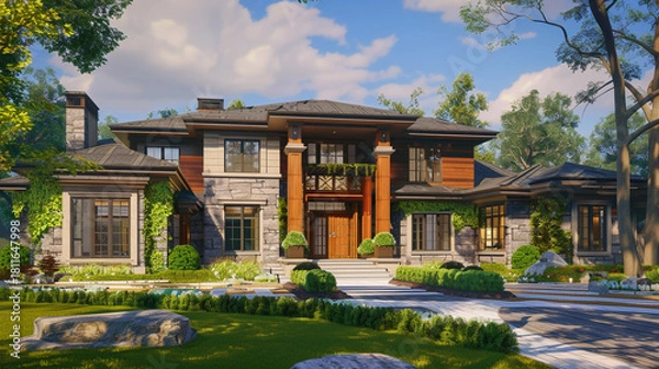 Obraz Stylish Front Door of Luxury Residence with Car in Driveway