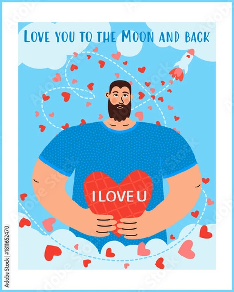 Obraz Valentine's card featuring a man holding a heart, a love rocket flying around, and the phrase "Love you to the moon and back". Trendy card design perfect for love greetings and romantic messages.