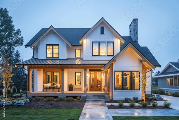 Obraz Modern Farmhouse at Twilight with Cozy Porch Lighting
