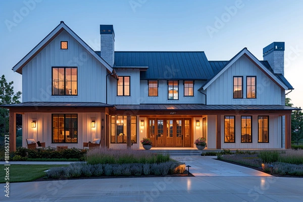 Obraz Elegant Wood-Accented Farmhouse in Soft Evening Glow