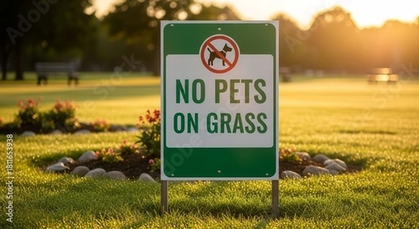 Fototapeta Park Regulation Sign Clearly States That Pets Are Not Allowed On The Green Grass Area
