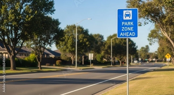 Obraz Park Zone Directional Sign Guiding Vehicles on Roadway for Parking in Specific Area