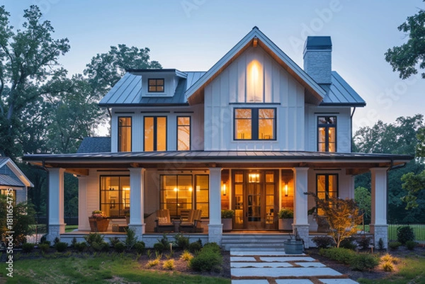Obraz In the soft twilight, a beautiful modern farmhouse stands with elegant wood accents, tall windows, and a cozy front porch. The serene ambiance is highlighted by soft exterior lighting.
