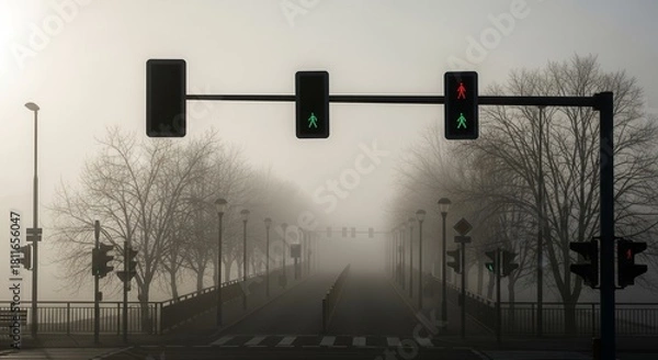Fototapeta Pedestrian Crossing Signal in Foggy City Road Creating Atmospheric Ambience