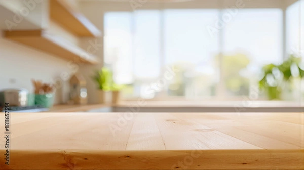 Obraz 明るくぼやけたモダンなキッチンの背景にある空の木製テーブルトップ