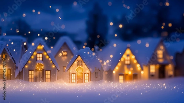 Obraz 雪に覆われた家々と暖かい光が灯る幻想的な冬の夜の風景
