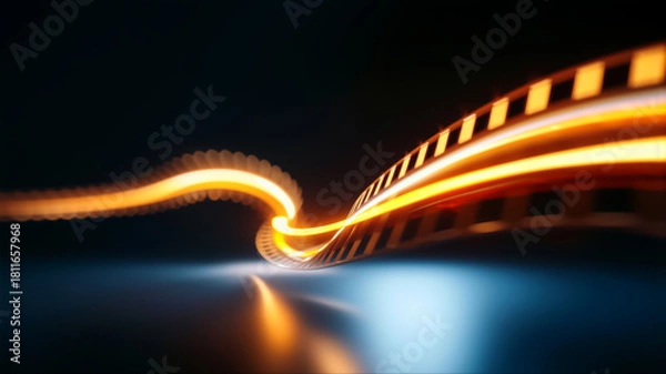 Obraz 暗い背景に波打つ金色の光を放つ映画フィルムのストリップの抽象的な背景