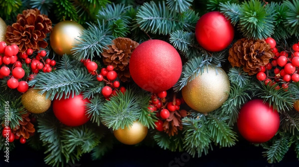 Obraz 赤と金のオーナメントと松ぼっくりで彩られた豪華なクリスマスの装飾
