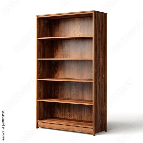 Fototapeta Empty wooden bookshelf with five shelves against a white background