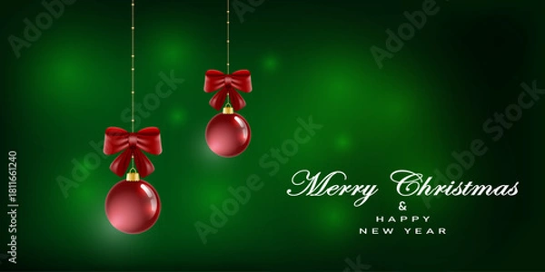 Fototapeta Greeting card with red christmas balls and red baws on green blured background.New year them. Vector illustration.