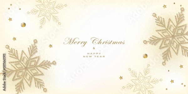 Fototapeta Greeting card with christmas  snowflakes made from gold glitter, stars and christmas balls on white background.New year them. Vector illustration.