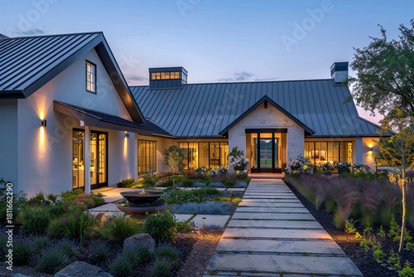 Obraz Luxurious modern farmhouse at dusk with an elegant metal roof and inviting front yard garden. Soft lighting enhances the architectural lines and tranquil evening mood.