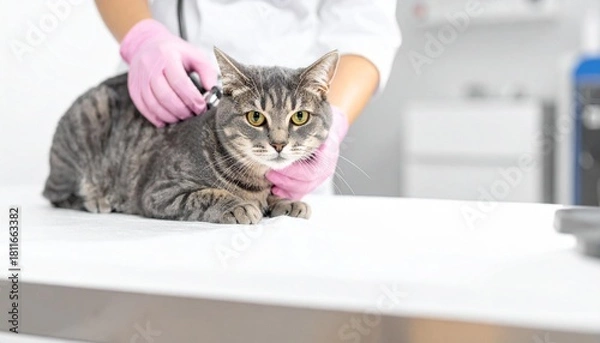 Fototapeta A vet examines a tabby cat with a stethoscope while the cat lies calmly on an examination