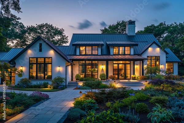 Obraz Luxurious modern farmhouse at dusk with an elegant metal roof and inviting front yard garden. Soft lighting enhances the architectural lines and tranquil evening mood.