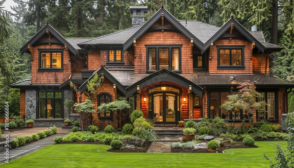 Obraz Luxury House Exterior Featuring Cedar Wood Shingles and Classic Trim