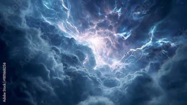 Fototapeta Lightning storm exploding in dark clouds