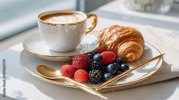 Fototapeta Elegant breakfast with croissant and berries