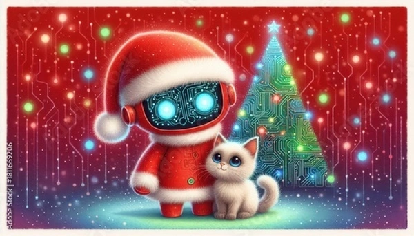 Obraz cute humanoid robot celebrate and take care a cat with green christmas tree on red background with glowing circuit