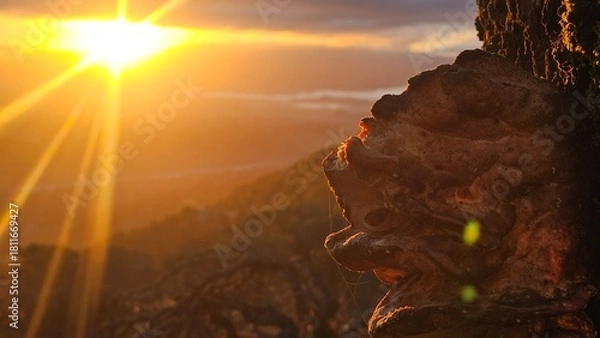 Fototapeta sunrise through a burned out hole in a tree