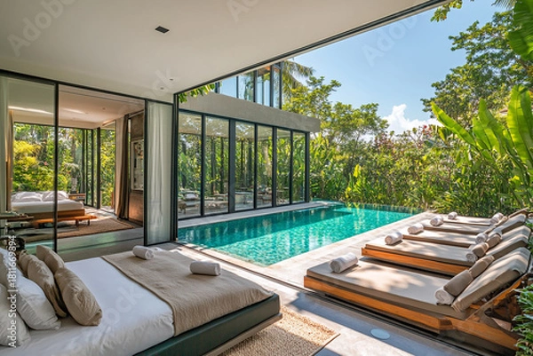Obraz Luxurious tropical pool villa bedroom with floor-to-ceiling windows offering a panoramic view of the lush garden and turquoise pool. The room is elegantly furnished with modern decor, 
