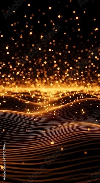Fototapeta Futuristic dark background with flowing digital waves and falling golden particles. A stunning abstract texture representing big data, technology, sound waves, or luxury energy.