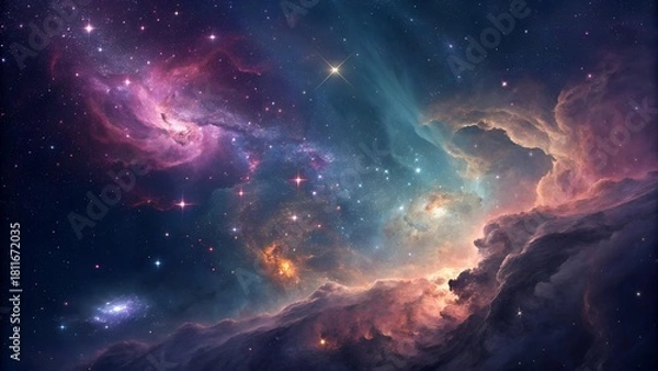 Fototapeta A mesmerizing view of a nebula with swirling clouds of dust and gas, speckled with shining stars in a colorful