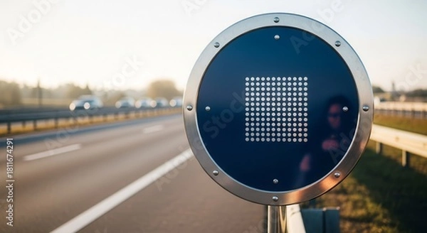 Fototapeta Roadside Sign Displaying Dot Matrix Square Shape on a Busy Highway in Daylight