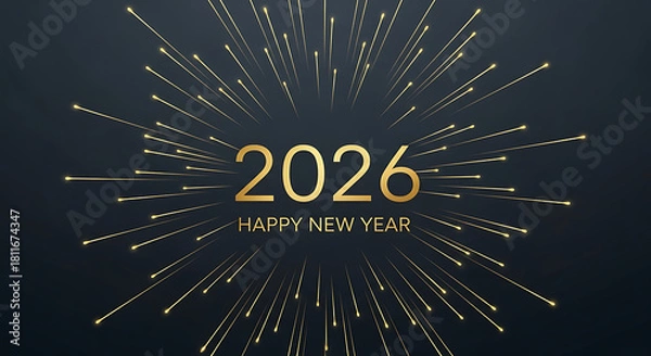 Fototapeta Happy new year 2026 greeting card with elegant golden burst