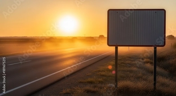 Obraz Roadside Sign Silhouetted Against a Golden Sunset, Empty, Ready to Display