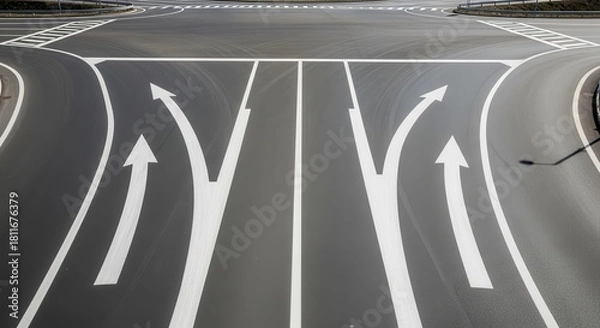 Obraz Roadway Intersection With Arrows Indicating Directions And Guidance For Traffic Flow