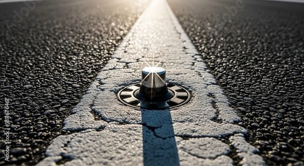 Obraz Roadway Marker Focal Point With Sunlight, Symbolizing Direction And Progress In Motion