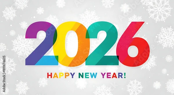 Fototapeta Colorful 2026 happy new year greeting banner with snowflakes