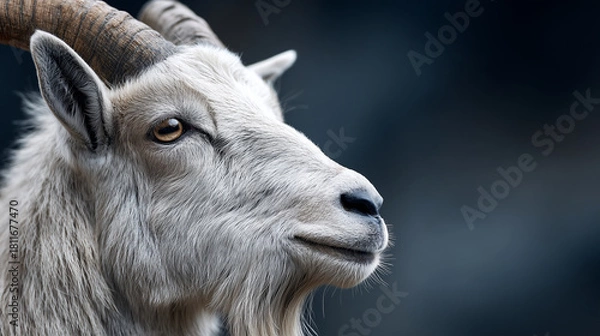 Fototapeta Portrait of a goat with horns and soft fur against dark blurred background.
