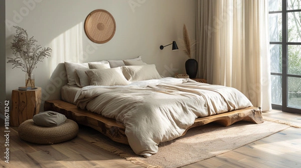 Obraz Bohemian Style Bedroom Interior with Soft Linen Bedding