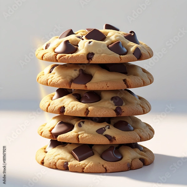 Obraz Delicious homemade chocolate chip cookies stacked in a pile against a white background