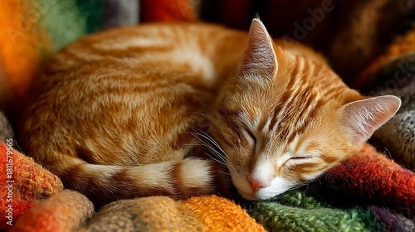 Fototapeta A ginger tabby cat is curled up asleep on a colorful knitted blanket, its eyes closed and its paws tucked in, looking peaceful and content