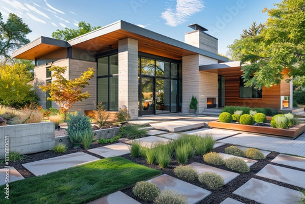Obraz Minimalist Utah home exterior featuring geometric design, concrete and wood materials, and a well-manicured garden with native plants.