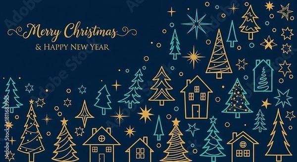 Obraz Minimalist holiday banner featuring a whimsical night village and pine forest outlined in gold and teal on dark blue