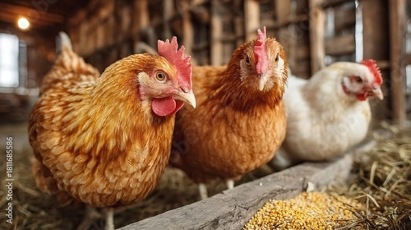 Fototapeta A group of chickens standing in a row inside a barn, looking at the camera with curiosity as they eat corn, creating a rustic and farmfresh scene