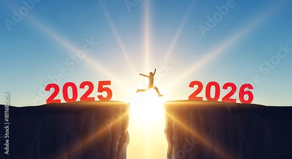 Fototapeta Person jumping from 2025 to 2026 representing new year challenge