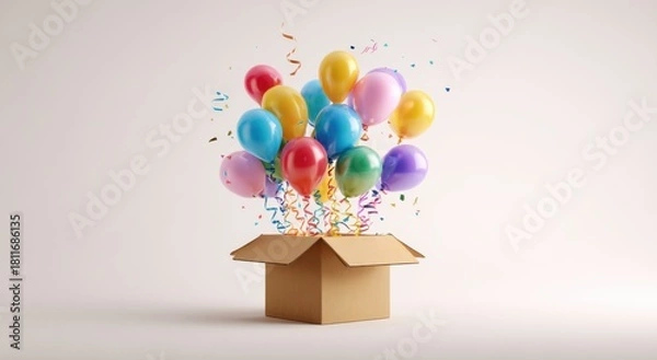 Fototapeta An open cardboard box with colorful balloons and ribbons