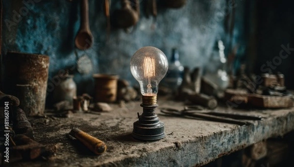 Fototapeta Old-fashioned workshop with light bulbs placed on a dusty table.