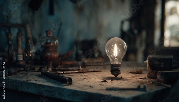 Fototapeta Old-fashioned workshop with light bulbs placed on a dusty table.