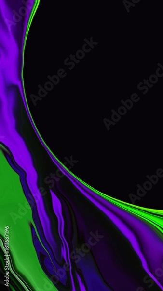 Fototapeta Neon green blur liquid wave on black background. Abstract defocused purple wave. Glitch pop art trippy digital screen. banner. Template. Tech texture. flyer. Virtual Reality. Carbon neutrality. Swirl