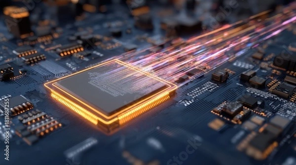 Fototapeta A neon-lit microchip with glowing orange borders on a navy-blue circuit board.